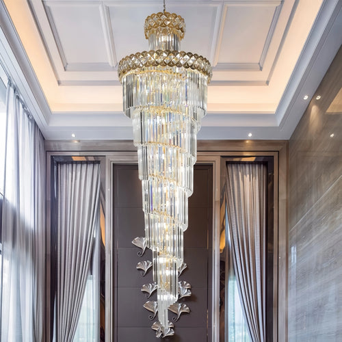 Grand Cascading Crystal Chandelier in Gold for Staircase and Hotel Lobby