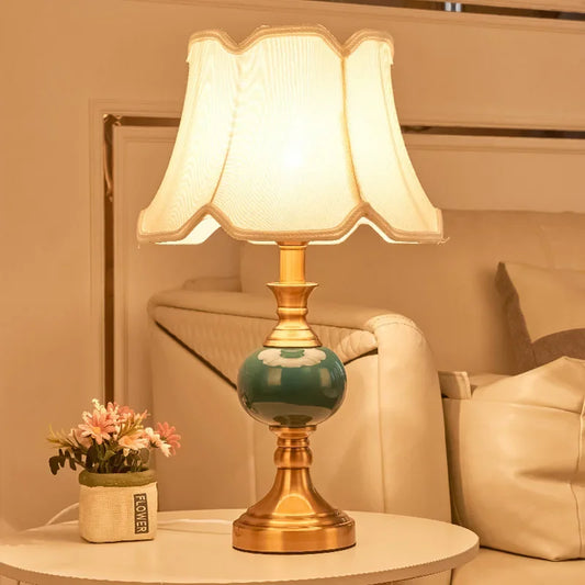European-Style Bedside Lamp with Fabric and Ceramic for Bedroom