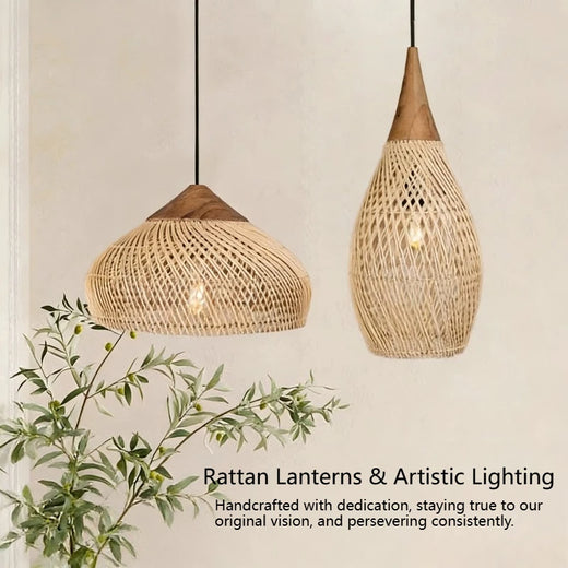 Wabi Sabi Rattan and Wood Pendant Light Hand Woven for Kitchen Island