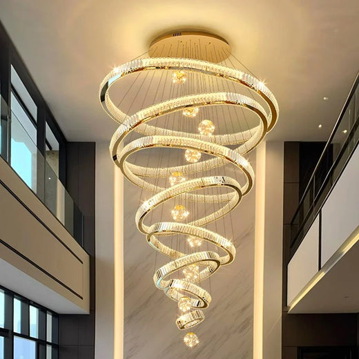 Grand Spiral Crystal Ring Chandelier for Staircase and Duplex Living Room