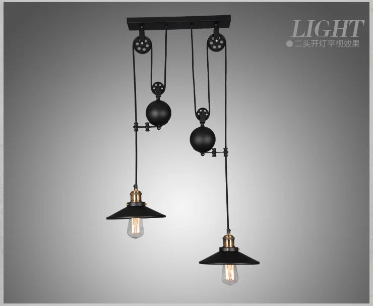 Industrial Iron Pendant Light with Pulley System