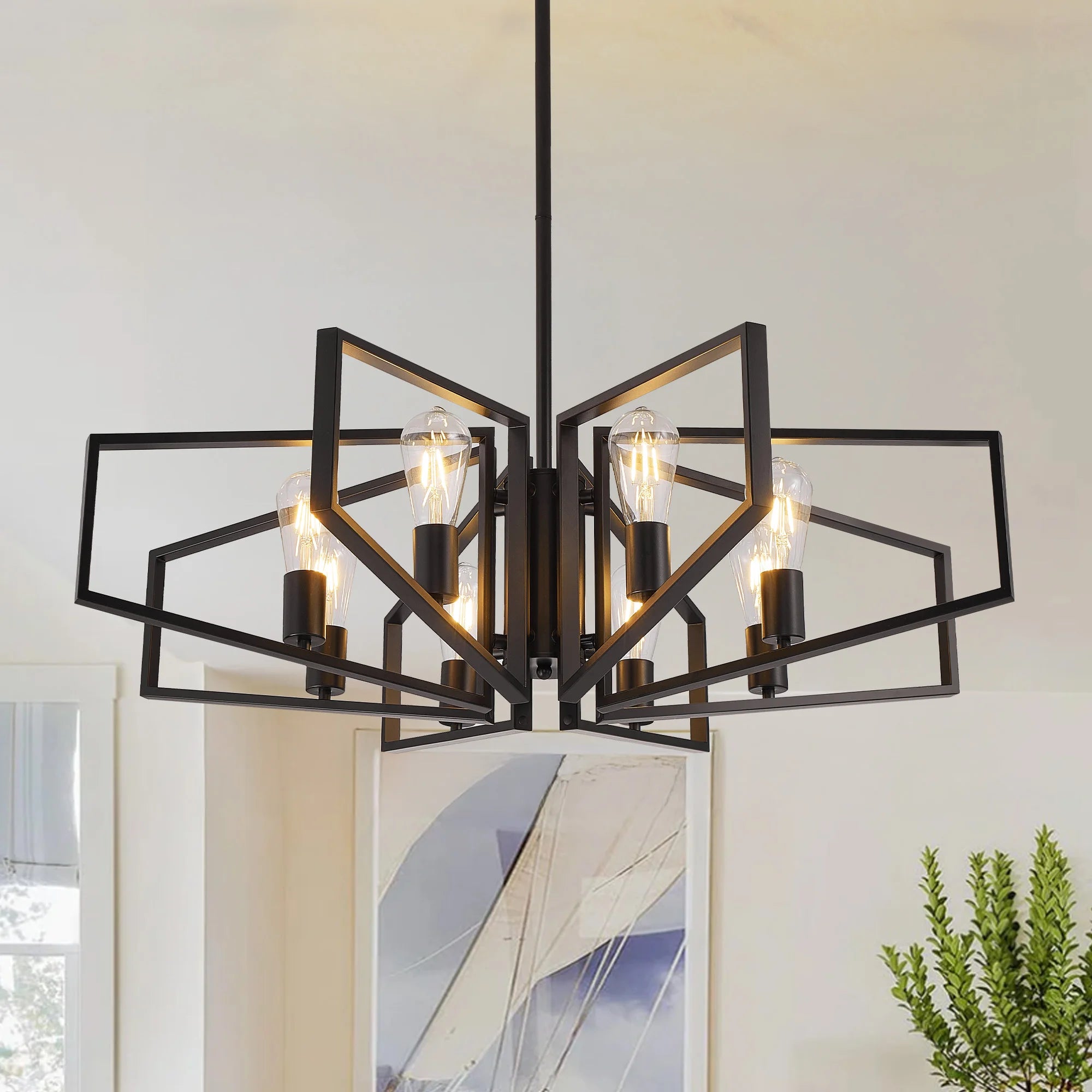 Modern Geometric 8 Light Chandelier in Black and Gold for Dining Room