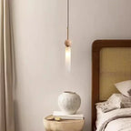 Wabi Sabi Travertine and Frosted Glass Tube Pendant Light for Bedside