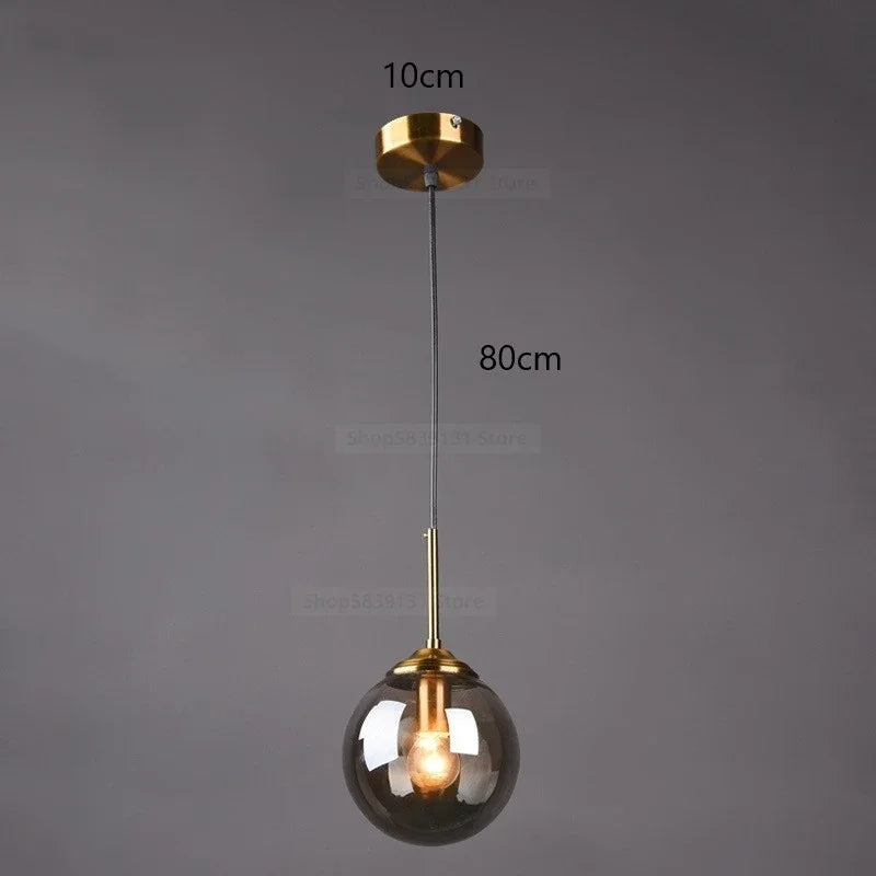 Nordic Glass Ball Pendant Light 15cm with Brass Stem for Bedside