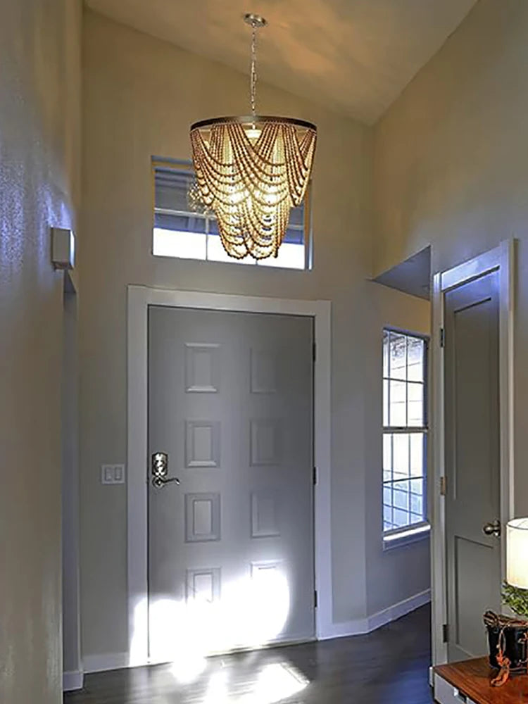 Bohemian Wood Beaded Chandelier with Draped Swags for Entryway
