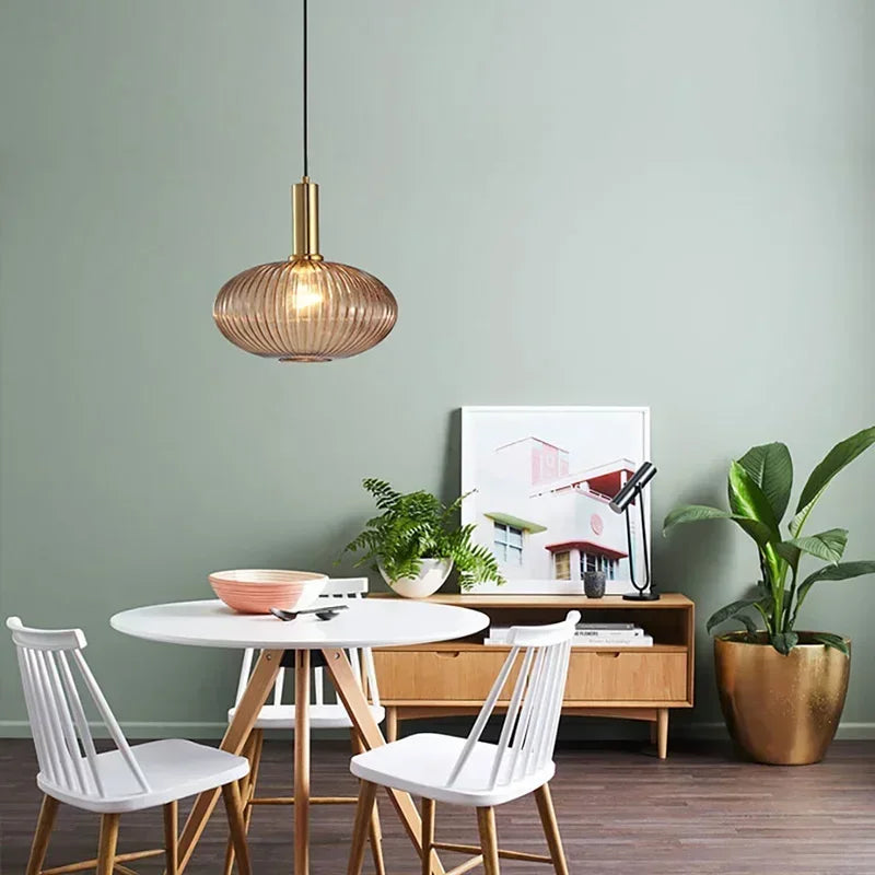 Vintage Striped Glass Pendant Light in Green Gray and Amber for Kitchen Island