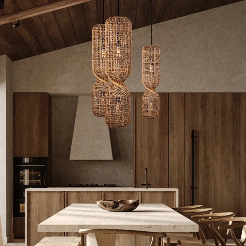 Hand Woven Rattan Column Pendant Light for Staircase and Living Room