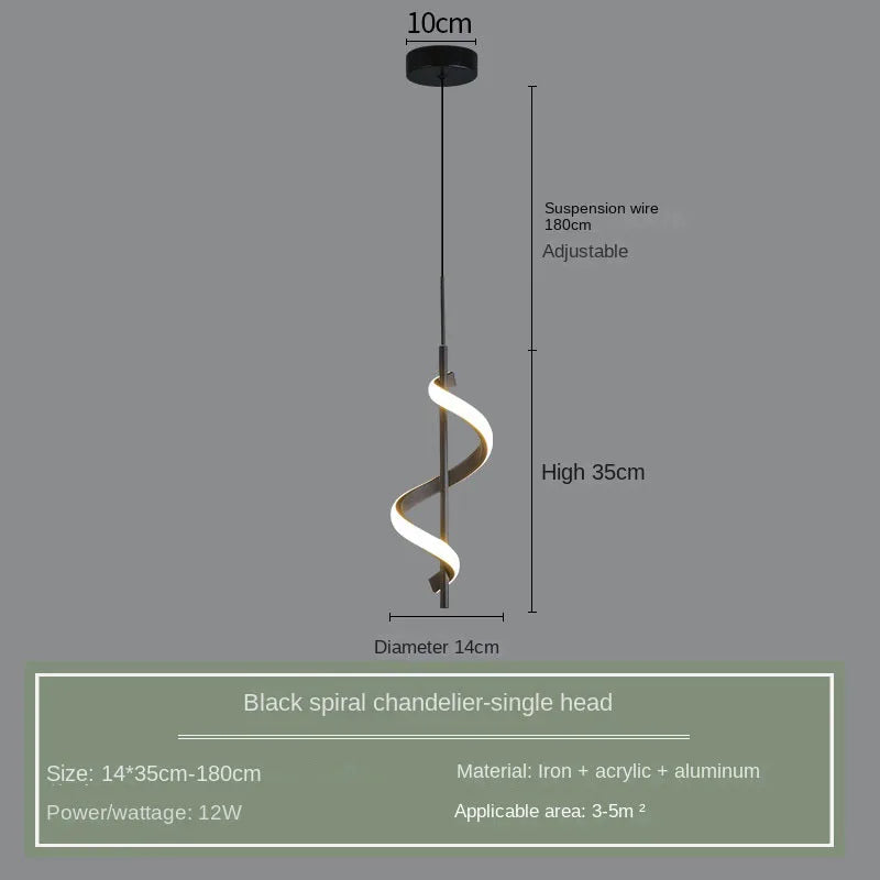 Modern Spiral Ribbon LED Pendant Light in Black and Gold for Bedside