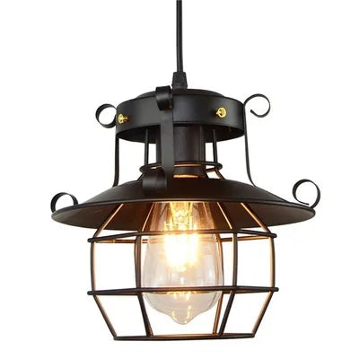 Industrial Black Caged Lantern Pendant Light for Bar and Hallway