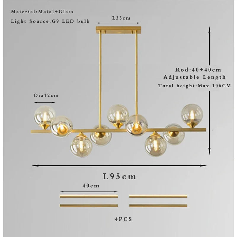 Glass Globe Mid Century Chandelier Linear Dining Light