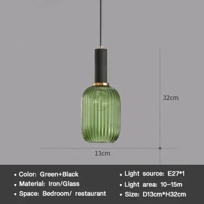 Vintage Striped Glass Pendant Light in Green Gray and Amber for Kitchen Island