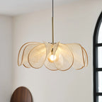 Japanese Linen Petal Pendant Light with Brass Stem for Bedroom