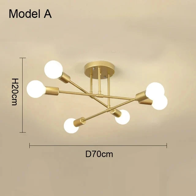 Modern Gold Sputnik Semi Flush Ceiling Light for Bedroom and Living Room