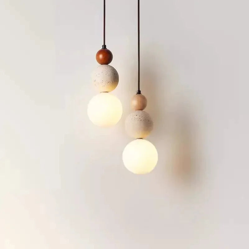Cream Style Travertine and Wood Ball Pendant Light with Opal Globe