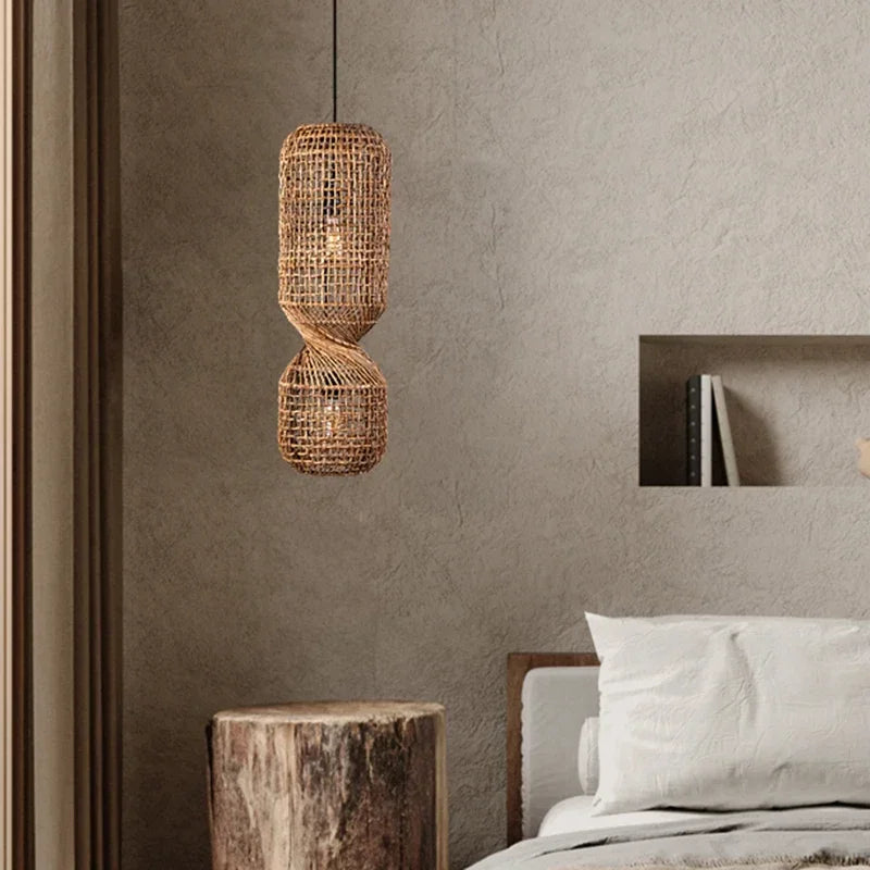 Hand Woven Rattan Column Pendant Light for Staircase and Living Room