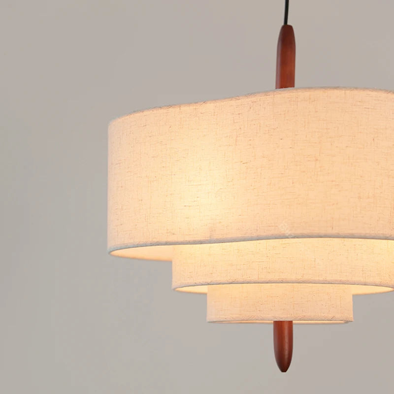 Wabi Sabi Linen Tiered Drum Chandelier with Walnut Accent for Living Room
