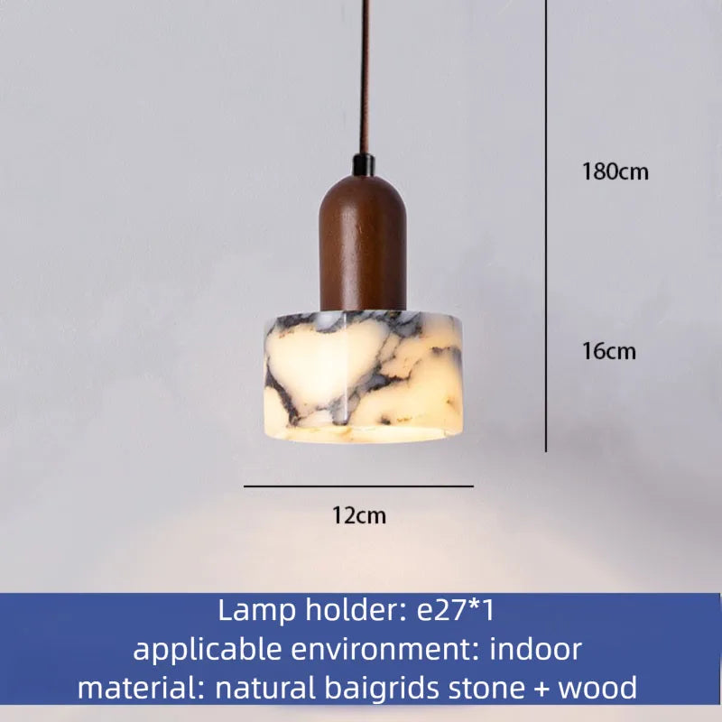 Veined Marble Cylinder Pendant Light with Walnut Top for Bar Counter