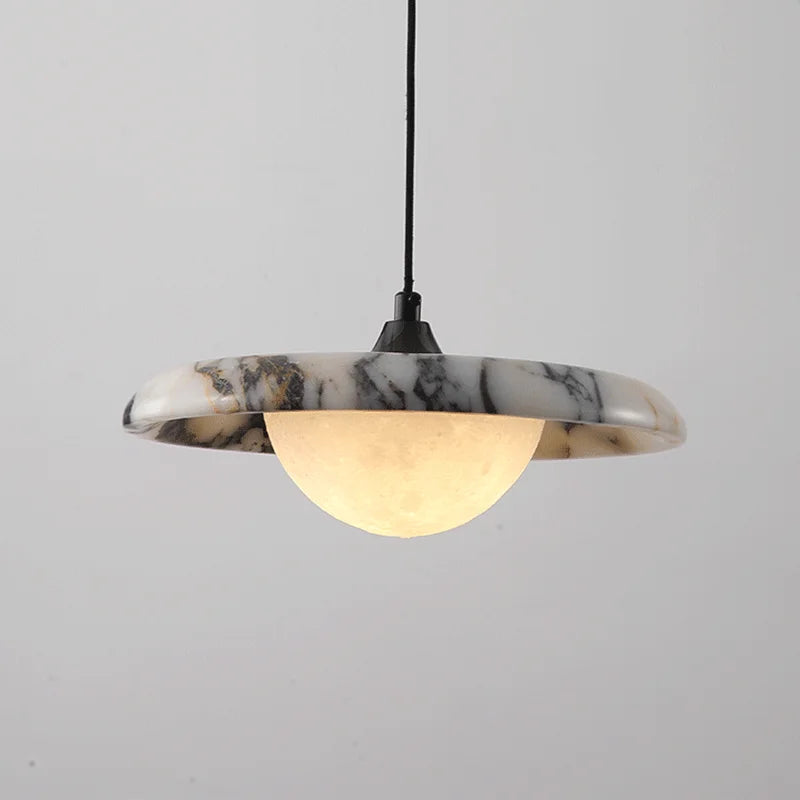 Luxury Veined Marble Saucer Pendant Light with Glowing Dome for Bedroom