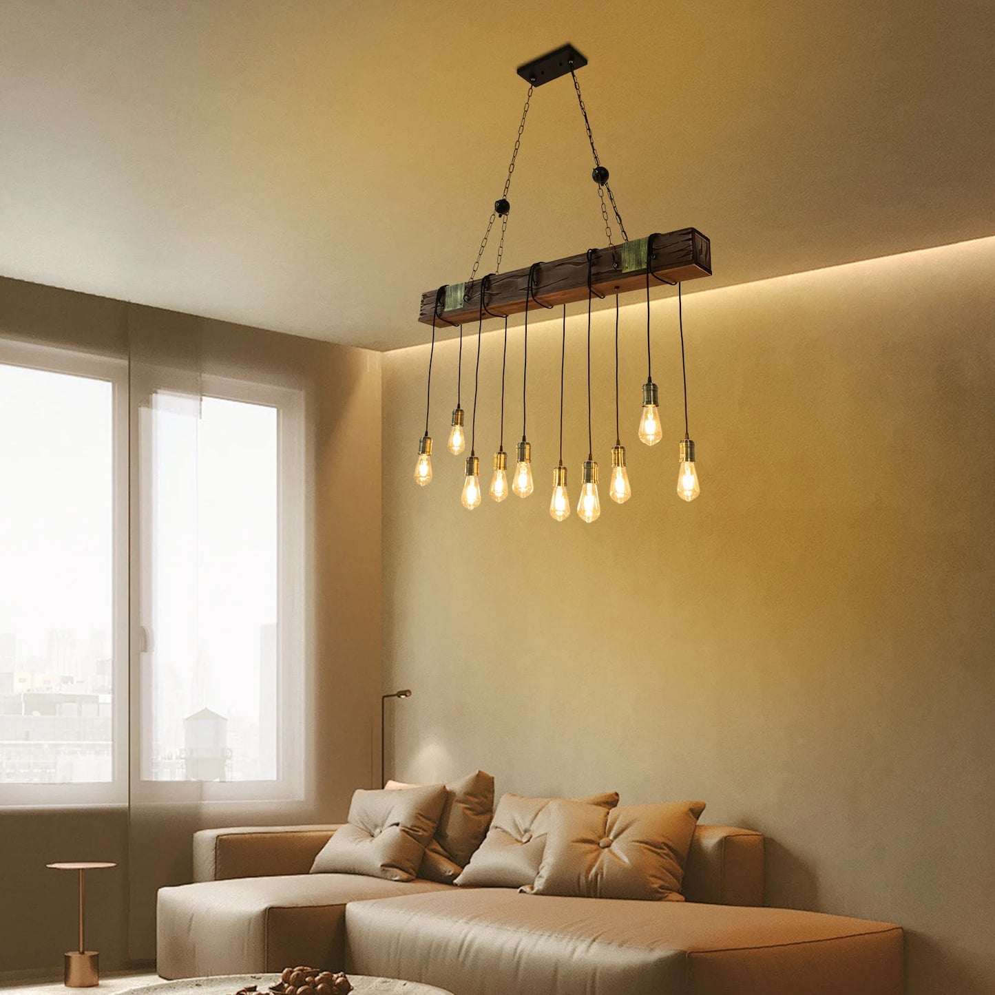 Rustic Wood Beam Pendant Light with Edison Bulbs