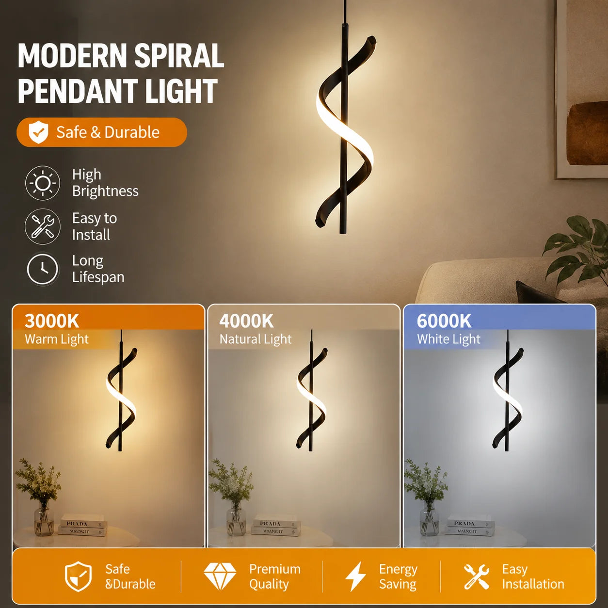 Modern Spiral Ribbon LED Pendant Light in Black and Gold for Bedside