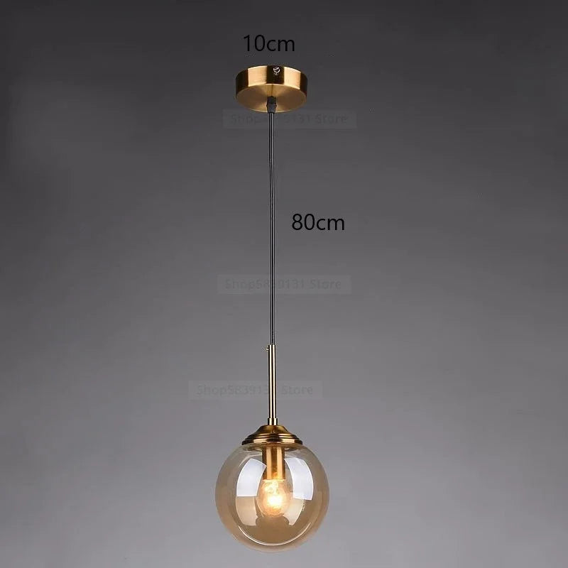 Nordic Glass Ball Pendant Light 15cm with Brass Stem for Bedside