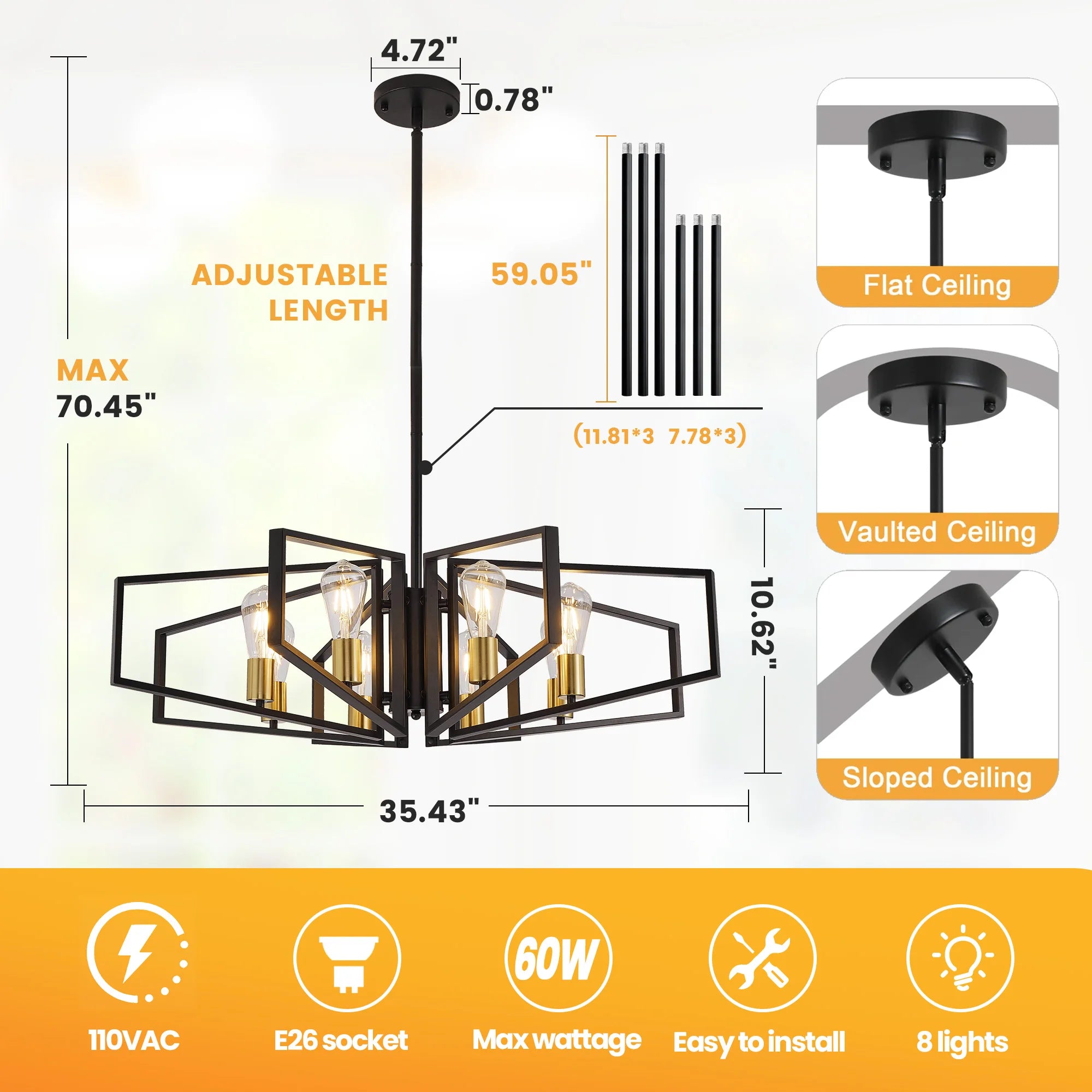 Modern Geometric 8 Light Chandelier in Black and Gold for Dining Room