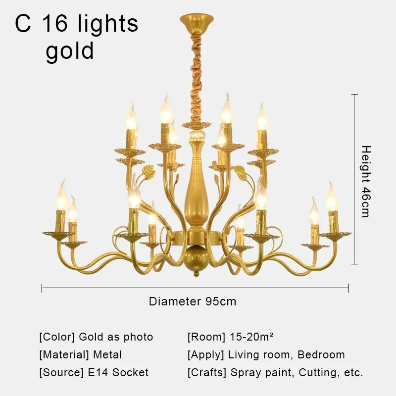Gold Iron Candle Chandelier Pendant Light