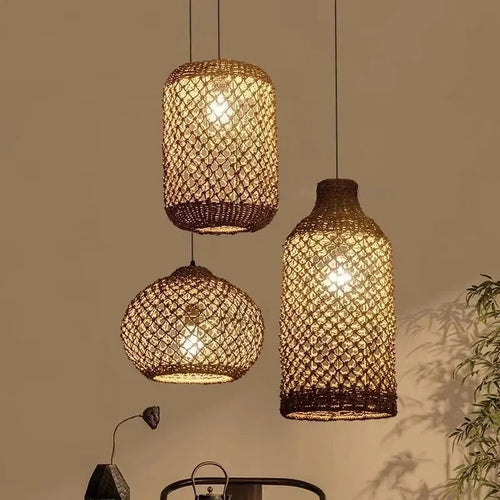 Lámpara Colgante Bohemio de Ratán Trenzado para Comedor