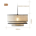 Japanese Linen Three Tier Drum Pendant Light with Black Trim for Dining Room