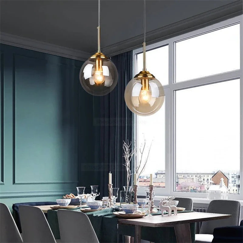 Nordic Glass Ball Pendant Light 15cm with Brass Stem for Bedside