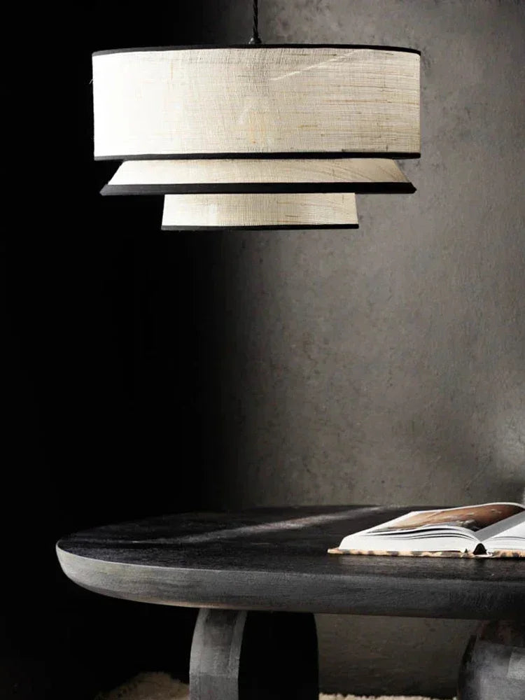 Japanese Linen Three Tier Drum Pendant Light with Black Trim for Dining Room