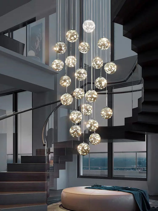 Starry Glass Ball Cluster Chandelier for Staircase in Smoky Gray and Cognac