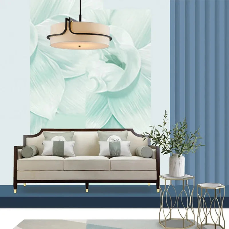 Modern Fabric Drum Chandelier with Black Curved Frame for Dining Room