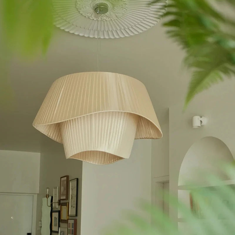 Nordic Cream Pleated Wave Fabric Pendant Light for Living Room