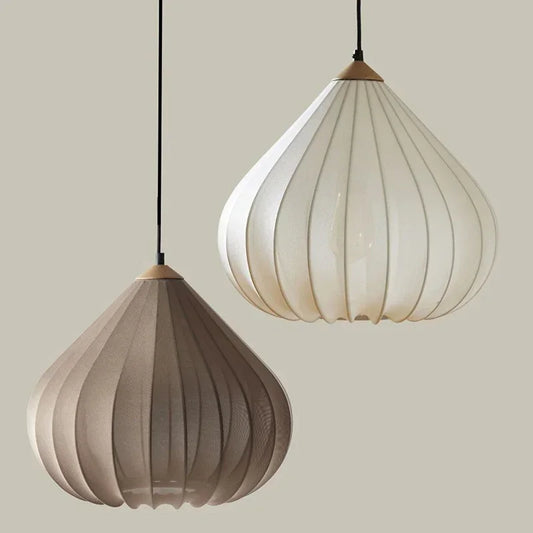 Minimalist Fabric Pendant Light with Wood Accent