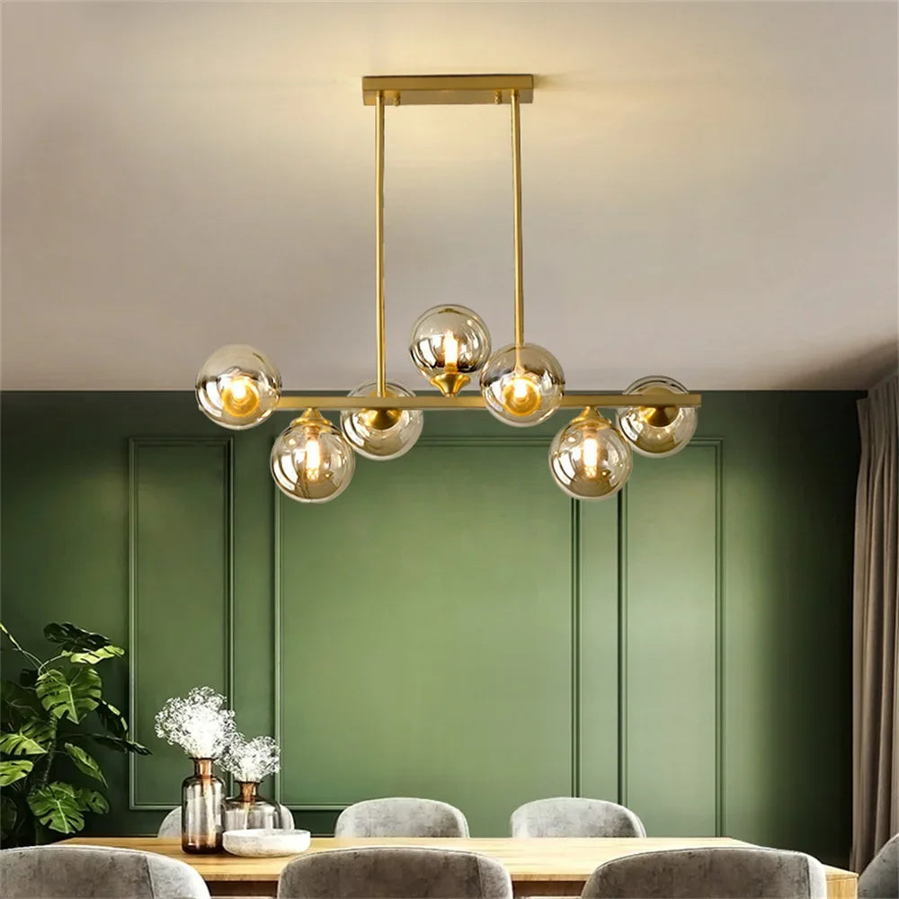 Glass Globe Mid Century Chandelier Linear Dining Light