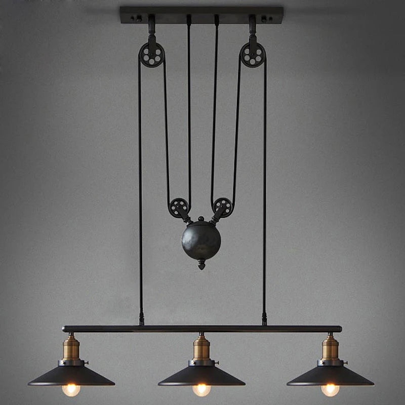 Industrial Iron Pendant Light with Pulley System
