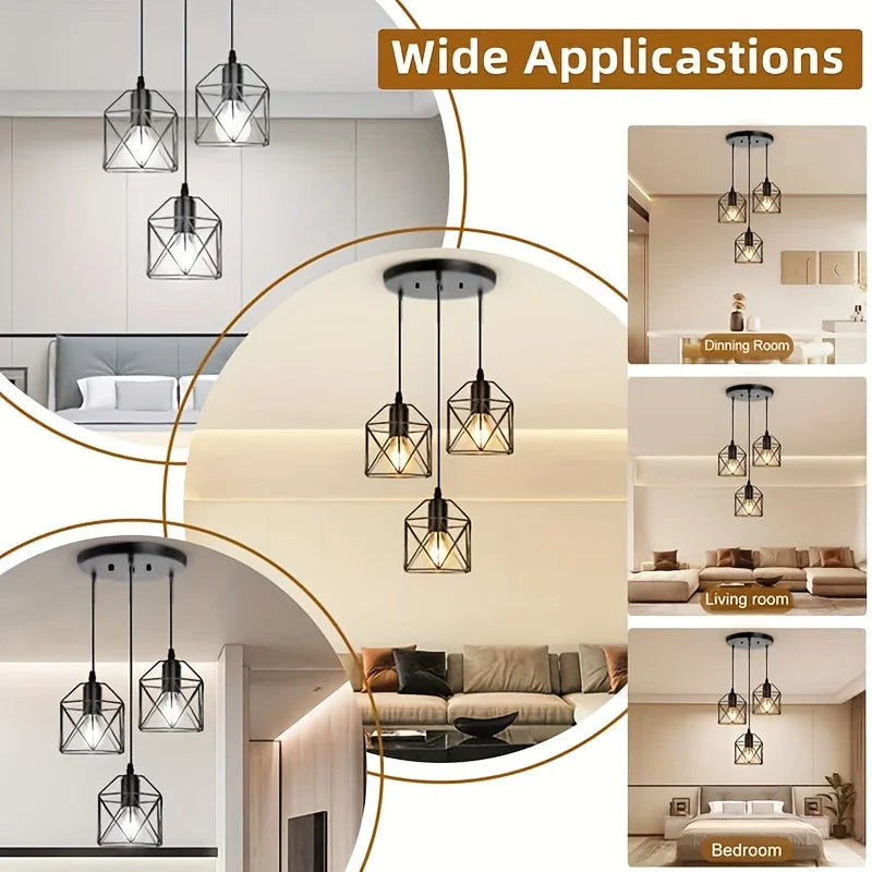 Industrial Black Wire Cage 3 Light Cluster Pendant for Dining Room