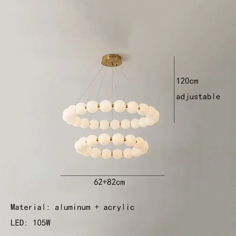 Modern Pearl Ball Ring Chandelier in Cream White for Living Room
