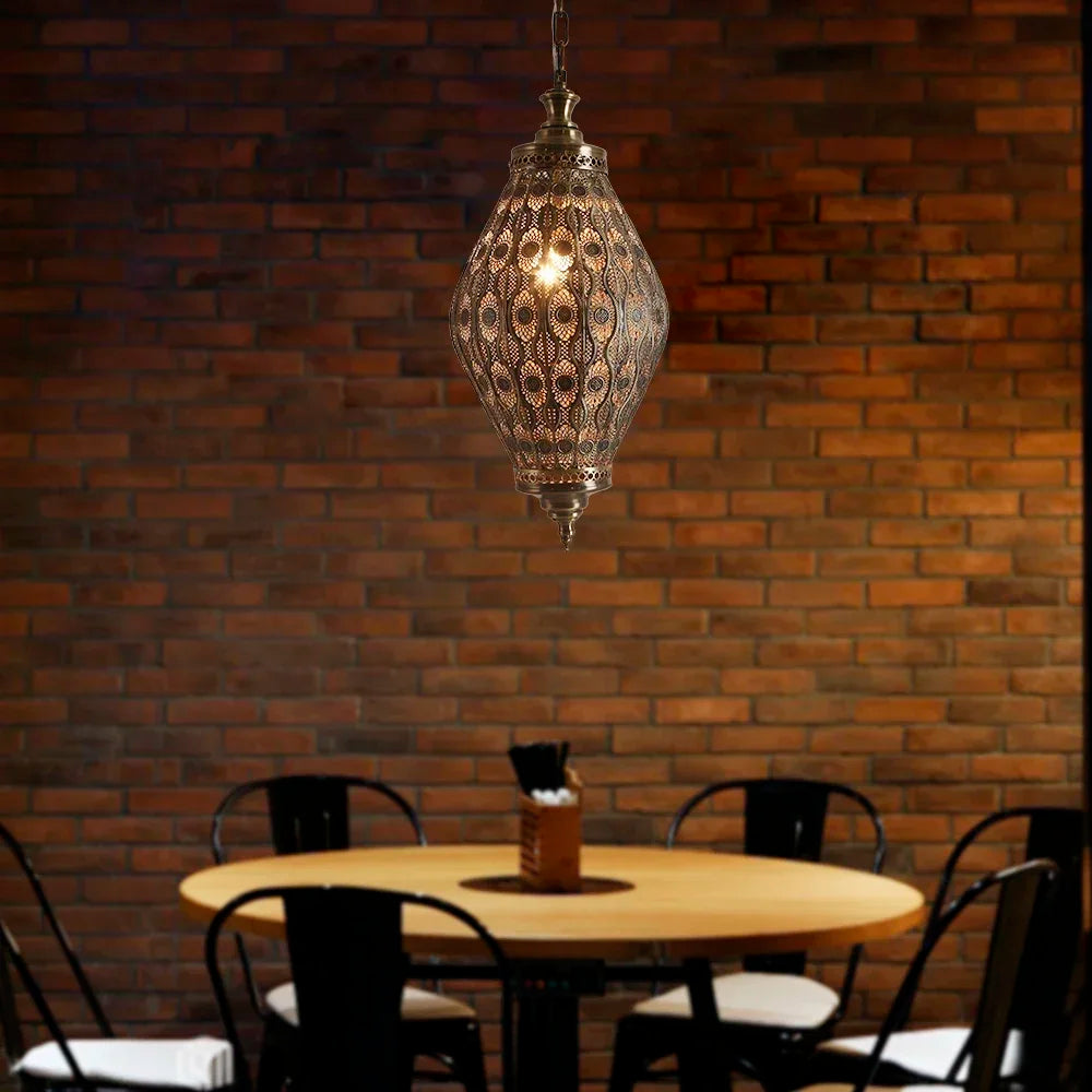 Moroccan Pierced Metal Teardrop Pendant Light for Dining Room and Hallway