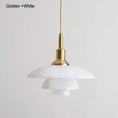 Danish Three Tier Glass Dish Pendant Light in White and Gold for Dining Room