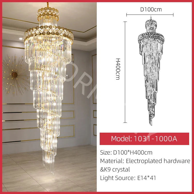Modern Luxury Stairs Large Crystal Chandeliers Hanging Lamp Villa Hotel Lobby Loft Living Room Decor Rotating Long Pendant Light
