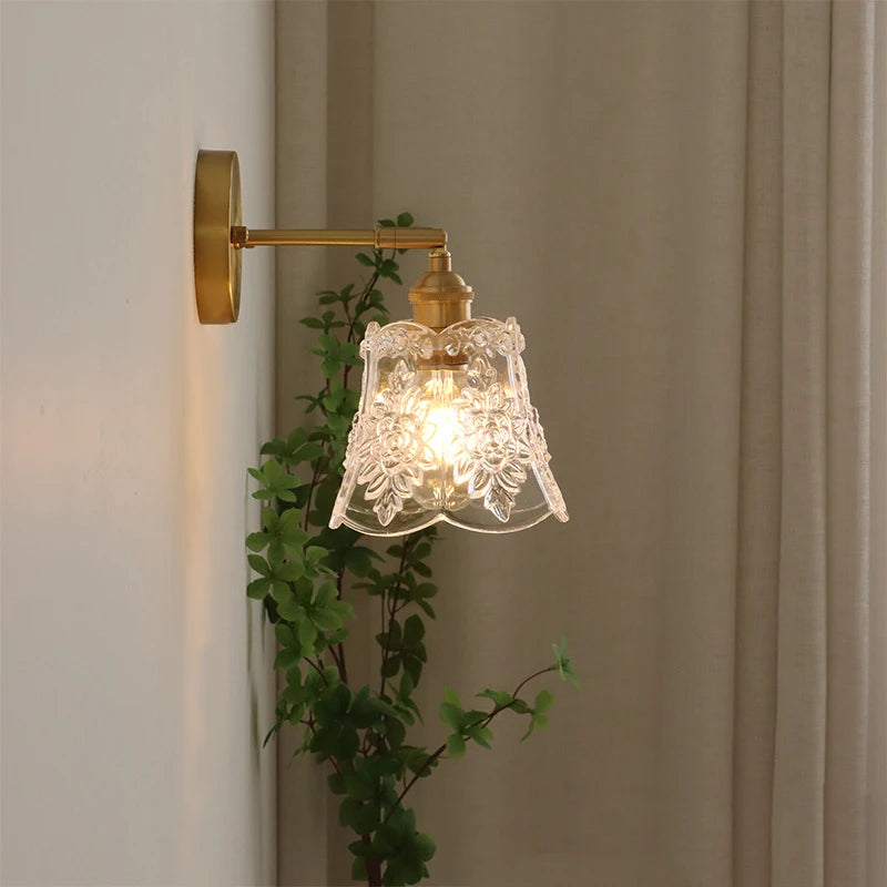 Vintage Textured Flower Glass Pendant Light with Brass Fitting for Bedside