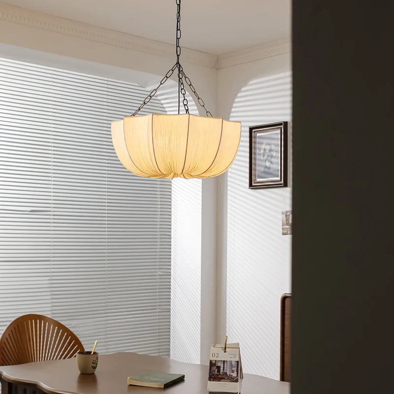 Wabi Sabi Pleated Fabric Dome Chandelier on Black Chains for Bedroom