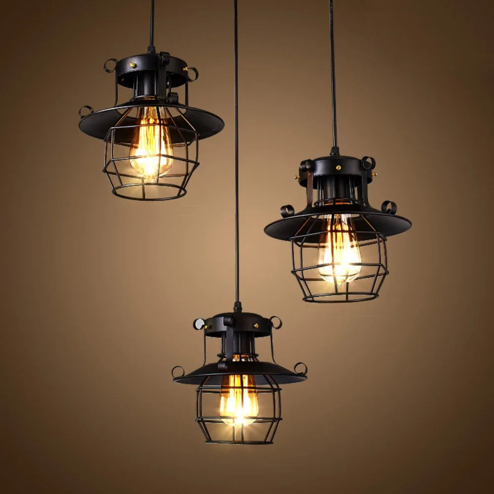 Industrial Black Caged Lantern Pendant Light for Bar and Hallway