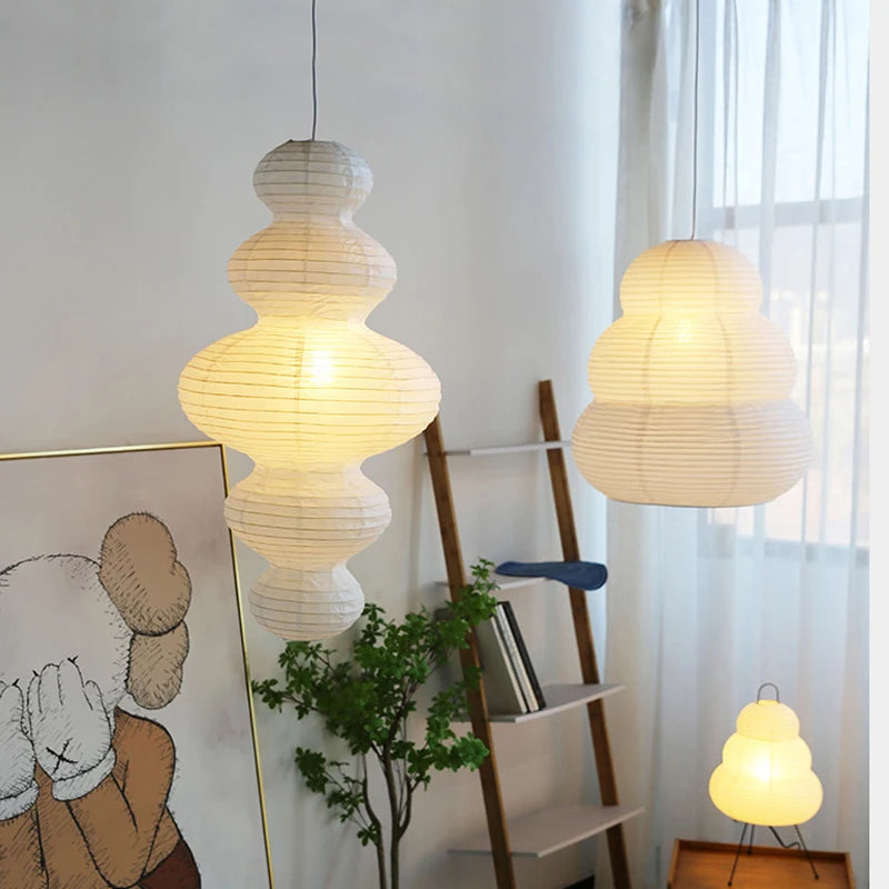 Wabi Sabi Rice Paper Style Totem Pendant Light for Staircase and Living Room