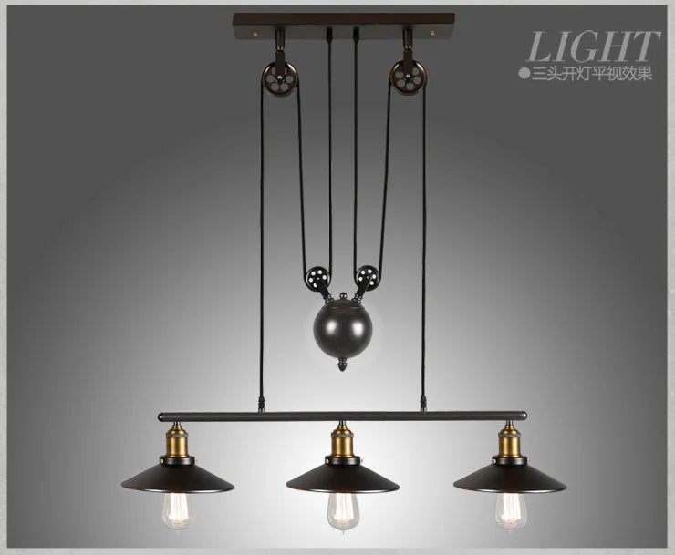 Industrial Iron Pendant Light with Pulley System