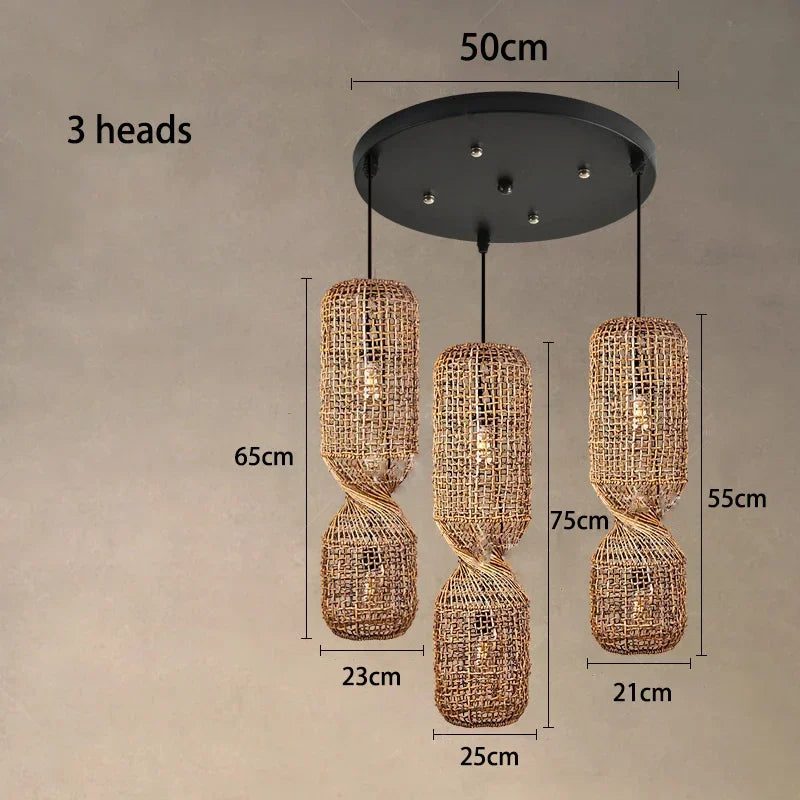 Hand Woven Rattan Column Pendant Light for Staircase and Living Room
