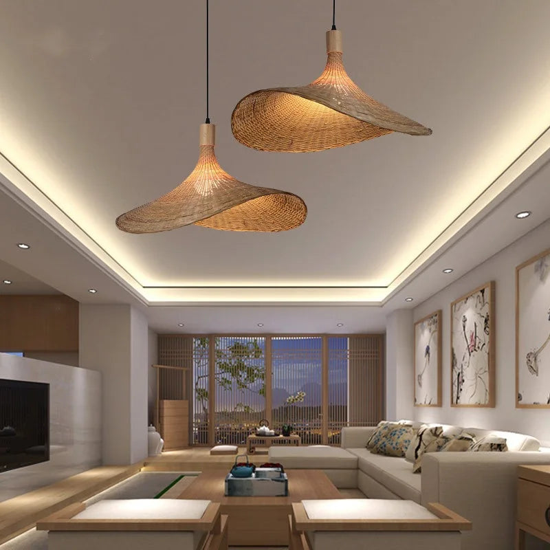 Bohemian Rattan Pendant Light - Woven Hat Design