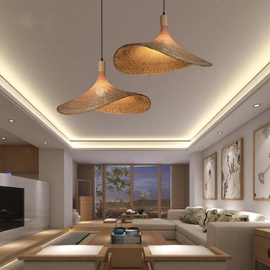 Bohemian Rattan Pendant Light - Woven Hat Design